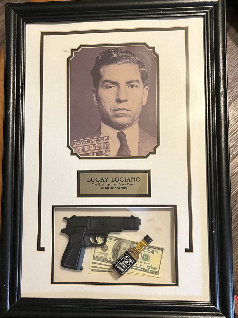 Lucky Luciano Framed Wall Art with Gun and Mini Bottle